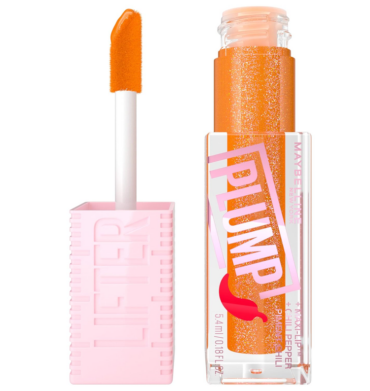 WHOLESALE MAYBELLINE Lifter Gloss Lifter Plump, Plumping Lip Gloss with Chili Pepper and 5% Maxi-Lip, Hot Honey, Clear with Pink and Gold, 50 UNITS