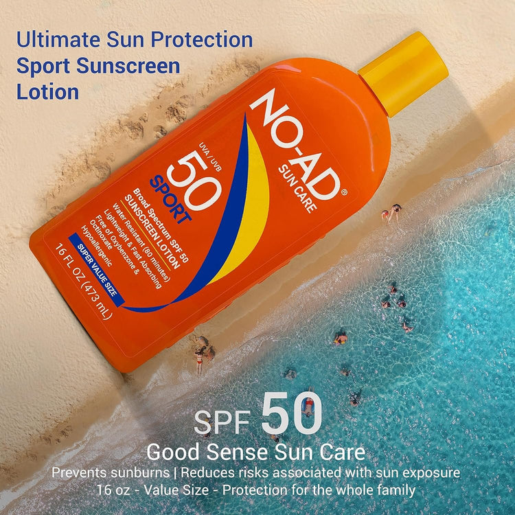 NO-AD Sport Sunscreen Lotion, SPF 50 | Broad Spectrum UVA/UVB Protection Water Resistant | Octinoxate & Oxybenzone Free with moisturizing Vitamin E and Aloe 16oz