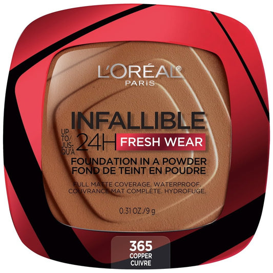 L'Oreal Paris Infallible Fresh Wear 24 Hr Powder Foundation Makeup, 365 Copper, 0.31 oz