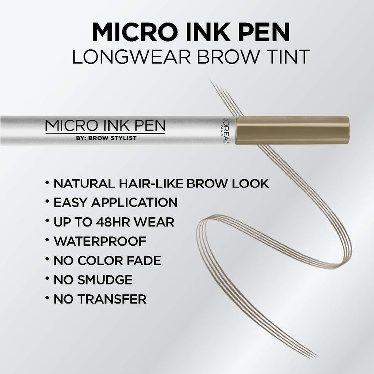 L'Oreal Paris Micro Ink Pen by Brow Stylist, Longwear Brow Tint, Hair-Like Effect, Up to 48HR Wear, Precision Comb Tip, Blonde, 0.033 fl; oz.