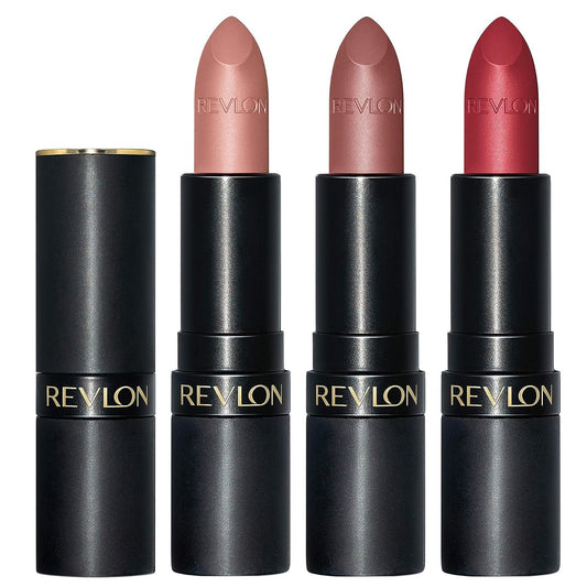 Revlon Lipstick Set, Super Lustrous 3 Piece Gift Set, High Impact, Matte Finish in Nude Plum  and  Red, Pack of 3