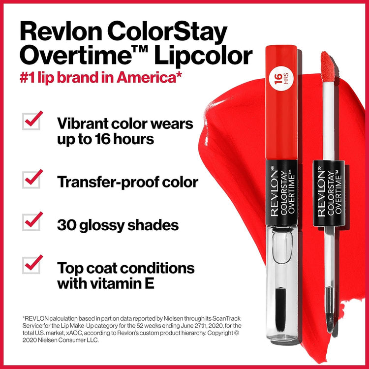 Revlon ColorStay Overtime Lipcolor, Dual Ended Longwearing Liquid Lipstick with Clear Lip Gloss, with Vitamin E, 530 24/7 Pink, 0.07 fl oz
