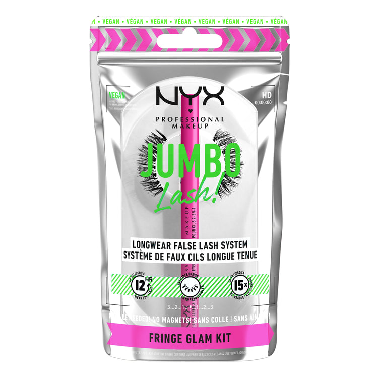 NYX PROFESSIONAL MAKEUP Jumbo Lash! Vegan False Eyelashes Kit with 2-in-1 Eyeliner Adhesive, Fringe Glam Kit