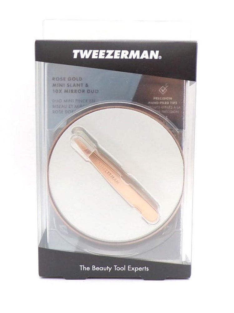 Tweezerman Rose Gold Slant Tweezer and 10X Mirror, Rose Gold Set