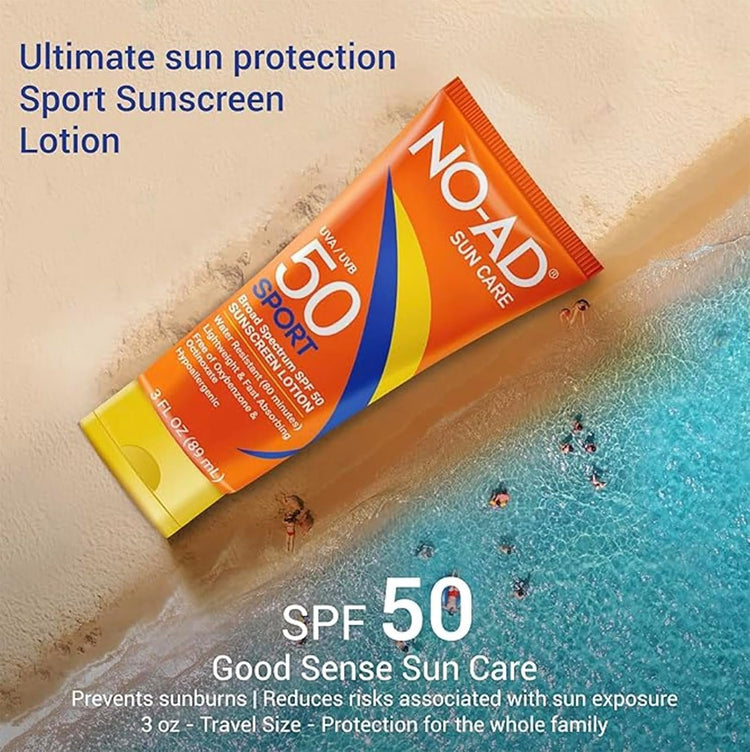 NO-AD SPF 50 SPORT Sunscreen Lotion | Hypoallergenic | Broad Spectrum UVA/UVB Protection | Water Resistant | Octinoxate & Oxybenzone Free with moisturizing Vitamin E and Aloe 3oz | Pack of 3