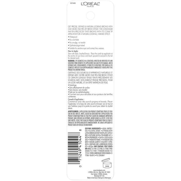 L'Oreal Paris Micro Ink Pen by Brow Stylist, Longwear Brow Tint, Hair-Like Effect, Up to 48HR Wear, Precision Comb Tip, Blonde, 0.033 fl; oz.