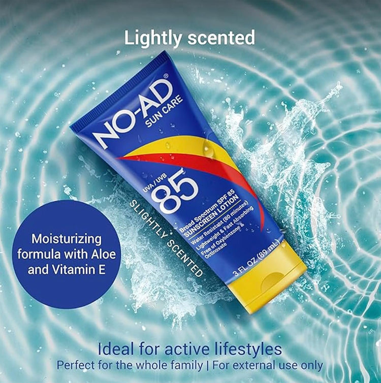NO-AD SPF 85 Sunscreen Lotion | Broad Spectrum UVA/UVB Protection | Water Resistant | Octinoxate & Oxybenzone Free with moisturizing Vitamin E and Aloe 3oz | Pack of 3