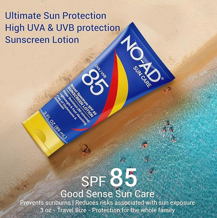 NO-AD SPF 85 Sunscreen Lotion | Broad Spectrum UVA/UVB Protection | Water Resistant | Octinoxate & Oxybenzone Free with moisturizing Vitamin E and Aloe 3oz | Pack of 3
