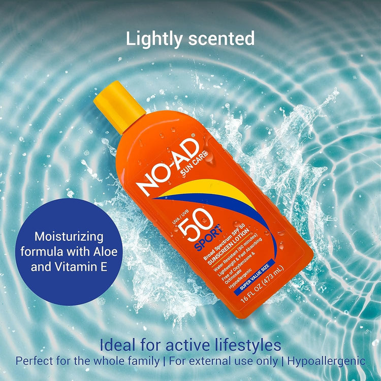 NO-AD Sport Sunscreen Lotion, SPF 50 | Broad Spectrum UVA/UVB Protection Water Resistant | Octinoxate & Oxybenzone Free with moisturizing Vitamin E and Aloe 16oz
