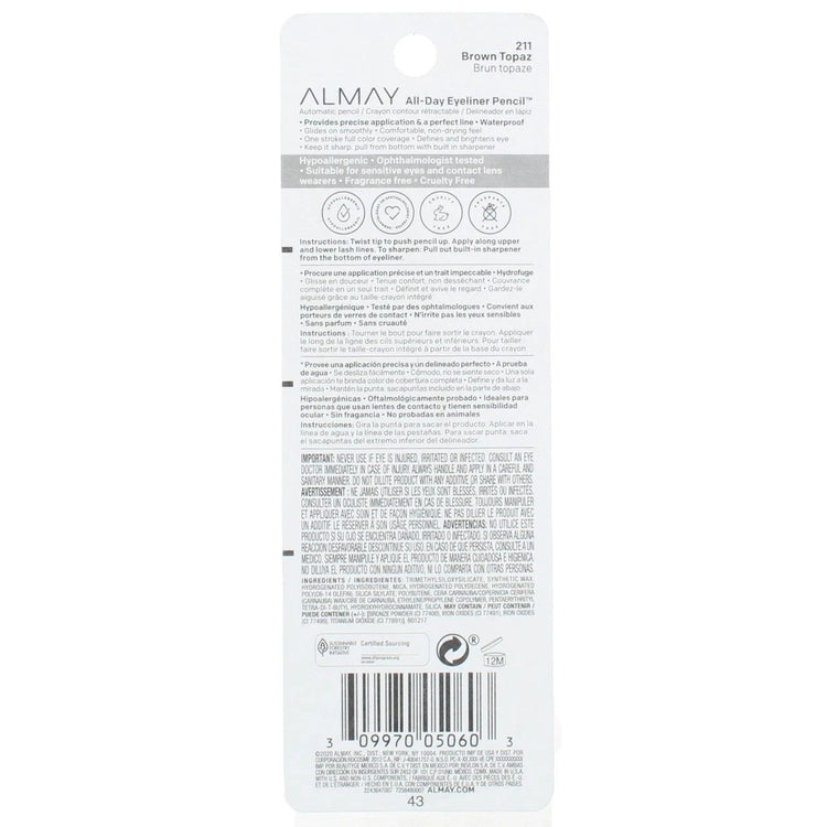 Almay All Day Eyeliner Pencil, Brown Topaz 211, Waterproof, 0.01 oz
