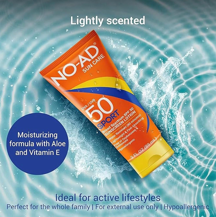 NO-AD SPF 50 SPORT Sunscreen Lotion | Hypoallergenic | Broad Spectrum UVA/UVB Protection | Water Resistant | Octinoxate & Oxybenzone Free with moisturizing Vitamin E and Aloe 3oz | Pack of 3
