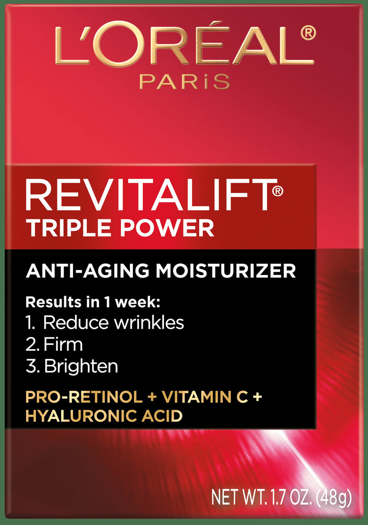 L'Oreal Paris Revitalift Triple Power Anti-Aging Face Moisturizer, Pro Retinol, Hyaluronic Acid & Vitamin C to Reduce Wrinkles, Firm & Brighten Skin, 1.7 Oz