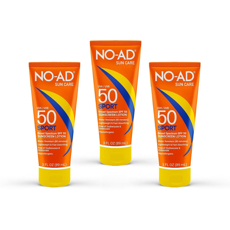 NO-AD SPF 50 SPORT Sunscreen Lotion | Hypoallergenic | Broad Spectrum UVA/UVB Protection | Water Resistant | Octinoxate & Oxybenzone Free with moisturizing Vitamin E and Aloe 3oz | Pack of 3