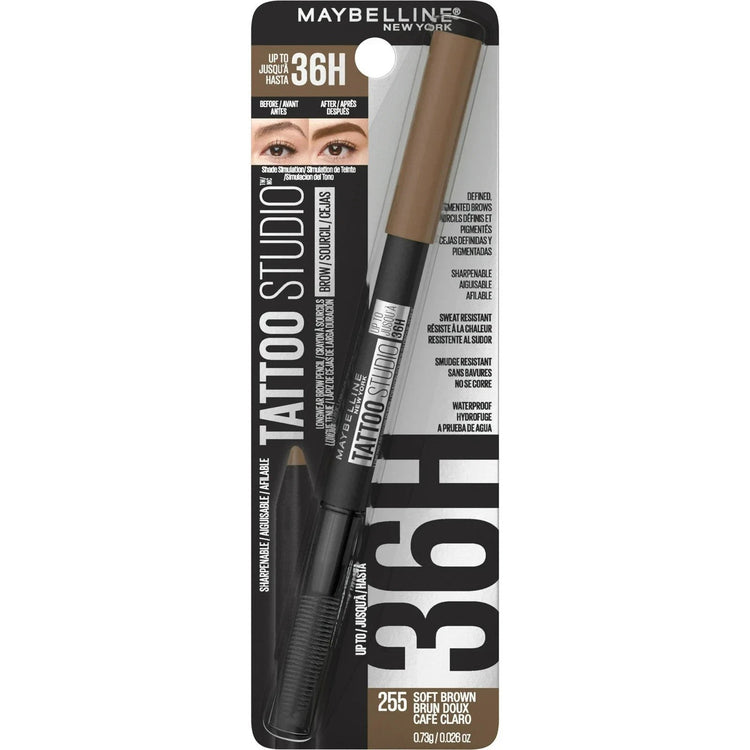 Maybelline TattooStudio 36HR Waterproof Eyebrow Pencil Spoolie, Soft Brown 255