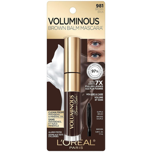 L'Oreal Paris Voluminous Brown Balm Volumizing Mascara, Washable, Brown, 0.26 Fl