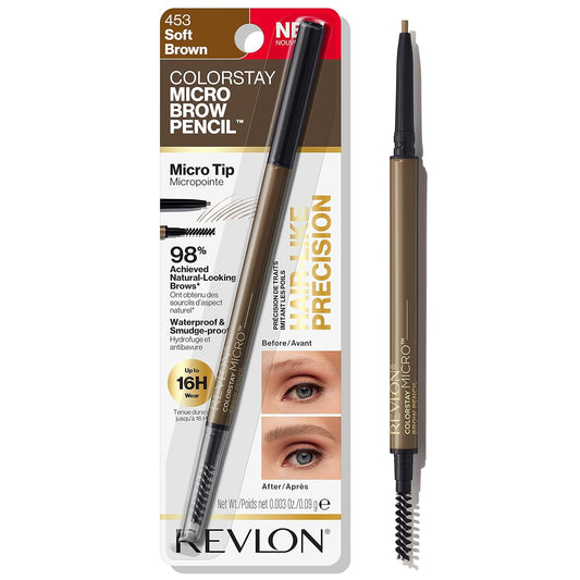 WHOLESALE Revlon ColorStay Micro Eyebrow Pencil with Built In Spoolie Brush, Infused with Argan and Marula Oil, Waterproof, Smudgeproof, 453 Soft Brown, 0.003 oz 216 UNITS