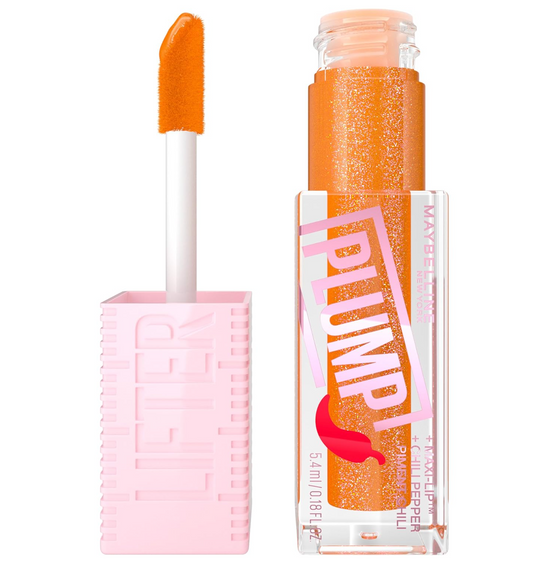 WHOLESALE MAYBELLINE Lifter Gloss Lifter Plump, Plumping Lip Gloss with Chili Pepper and 5% Maxi-Lip, Hot Honey, Clear with Pink and Gold, 47 UNITS