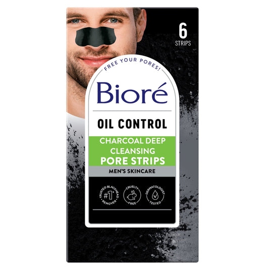 Biore Men's Skincare Charcoal Deep Cleansing Blackhead Remover Pore Nose Strips, 6 ct