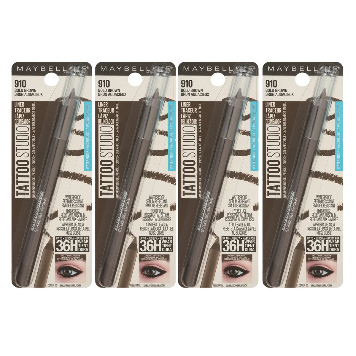 Maybelline Tattoo Studio Waterproof Eyeliner Pencil, Bold Brown, Pack of 4