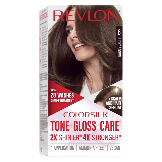 Revlon ColorSilk Tone + Gloss + Care Demi-Permanent Hair Color, 6 Light Brown, 4.5 fl oz