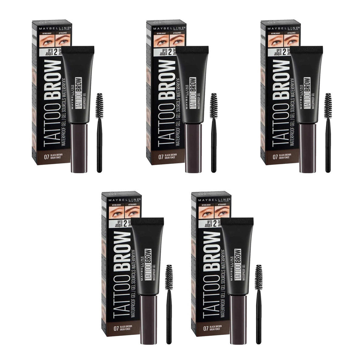Maybelline New York Tattoo Brow Waterproof Gel, 07 Black Brown - 5 Pack