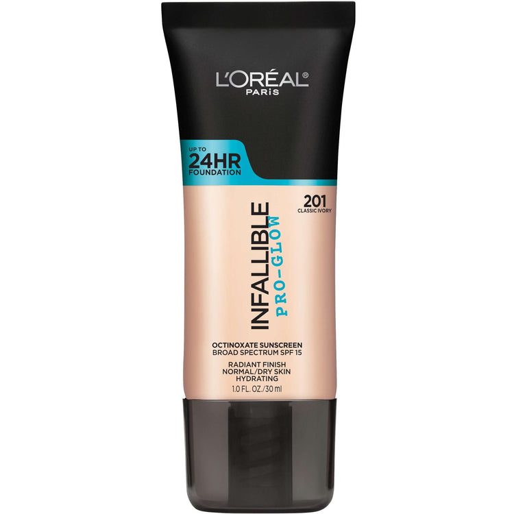 L'Oreal Paris Infallible Pro-Glow Hydrating Foundation Makeup, SPF 15, Medium Coverage, Radiant Finish, 201 Classic Ivory, 1 fl oz