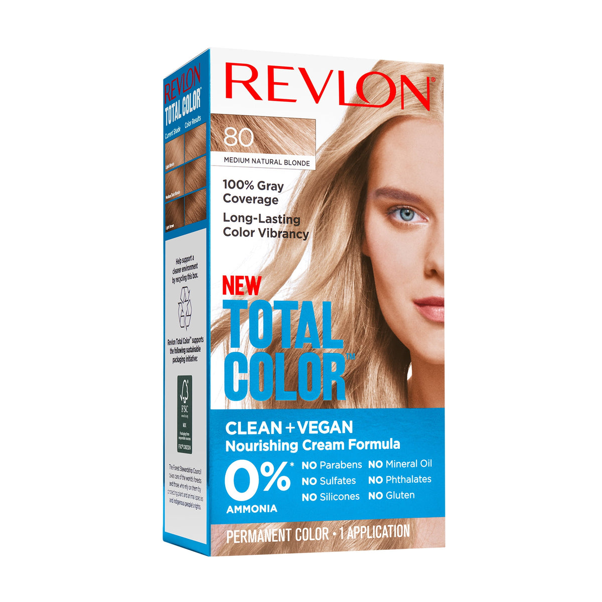 Revlon Total Color Permanent Hair Color, Clean and Vegan, 100% Gray Coverage Hair Dye, 80 Medium Natural Blonde, 5.94 fl oz