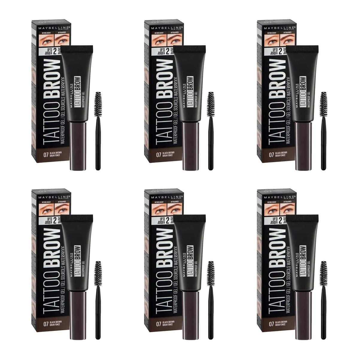 Maybelline New York Tattoo Brow Waterproof Gel, 07 Black Brown - 6 Pack