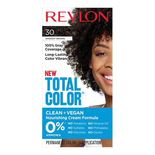 Revlon Total Color Hair Color, Clean and Vegan, 100% Gray Coverage Permanent Hair Dye - 30 Darkest Brown