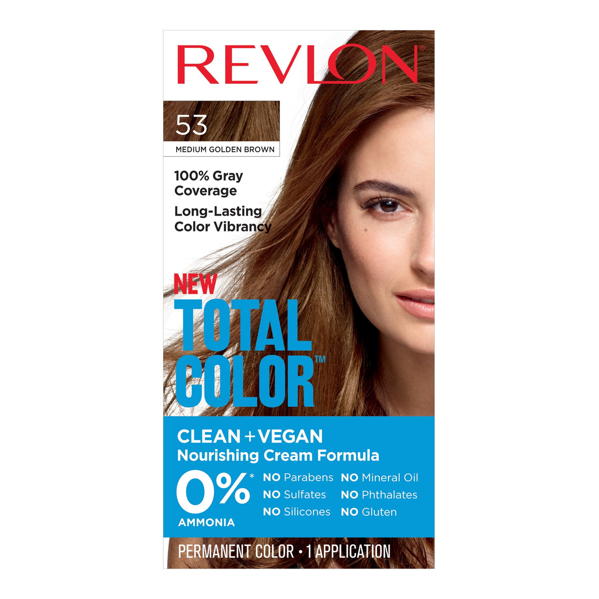 Revlon Total Color Permanent Hair Color, Clean and Vegan, 100% Gray Coverage Hair Dye, 53 Medium Golden Brown, 5.94 fl oz