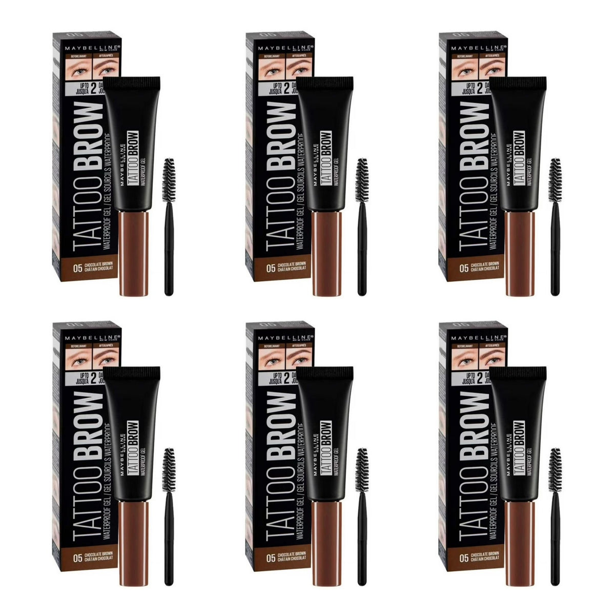 Maybelline New York Tattoo Brow Waterproof Gel, 05 Chocolate Brown - 6 Pack