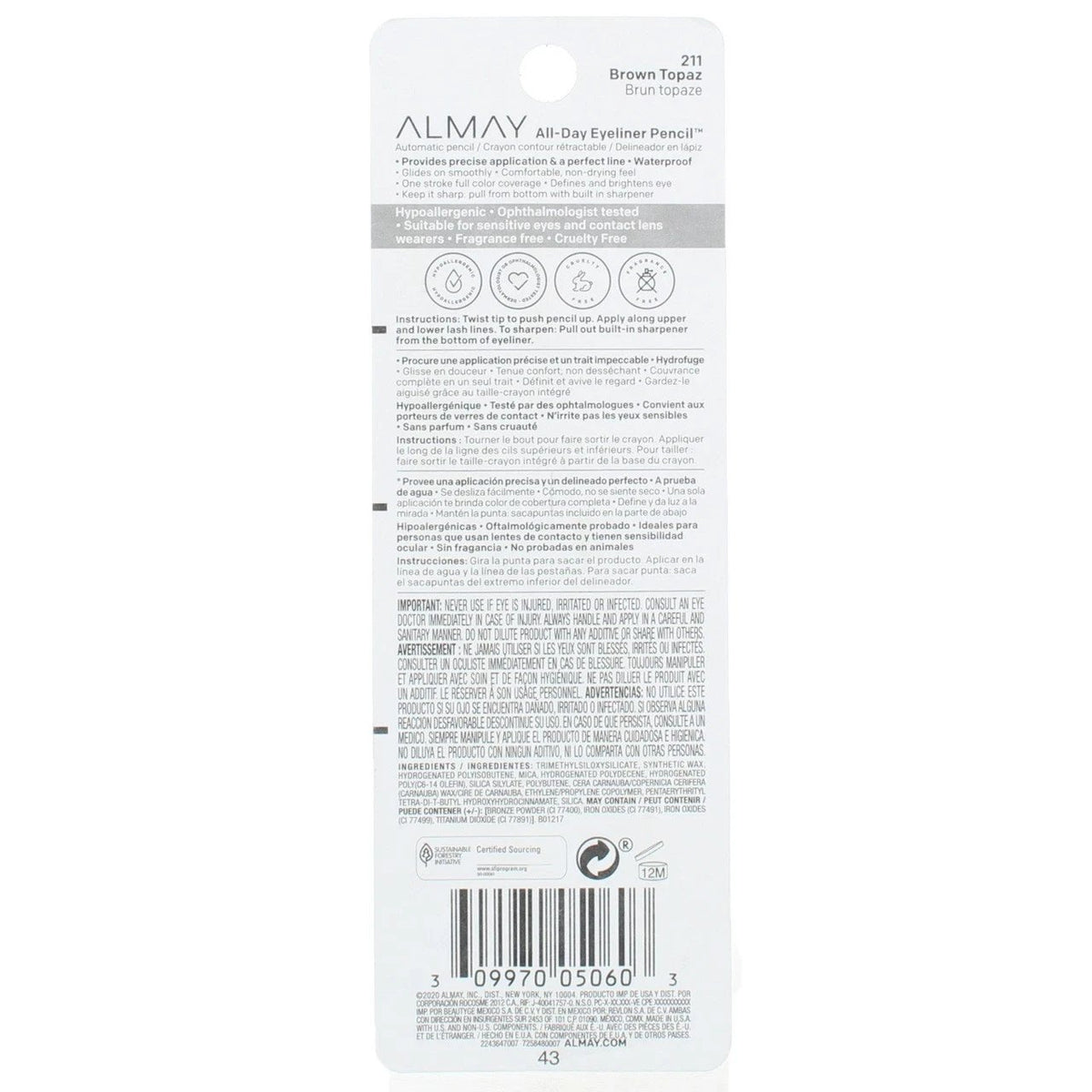Almay All Day Eyeliner Pencil, Brown Topaz 211, Waterproof, 0.01 oz
