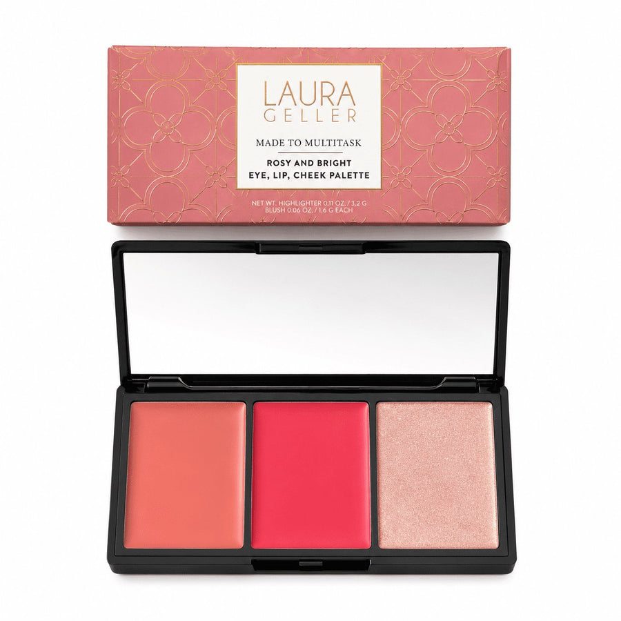 Laura Geller Made to Multitask Rosy and Bright Eye, Lip & Cheek Palette | 3-in-1 Cream-to-Powder Makeup Palette | Blush, Highlighter & Lip Color