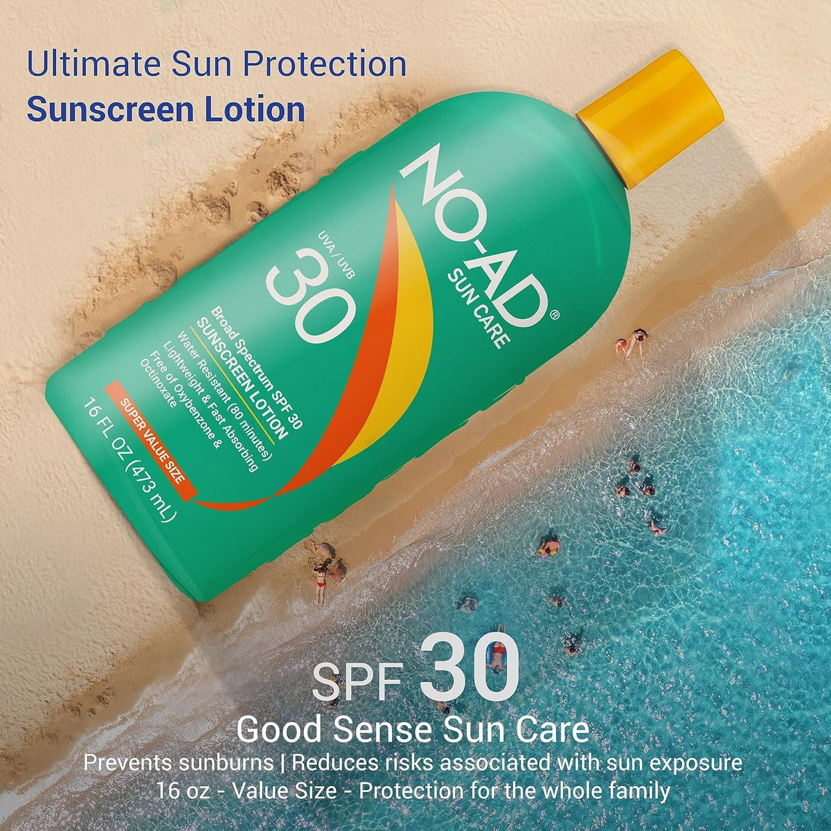 NO-AD SPF 30 Sunscreen Lotion | Broad Spectrum UVA/UVB Protection Water Resistant | Octinoxate & Oxybenzone Free with moisturizing Vitamin E and Aloe 16oz