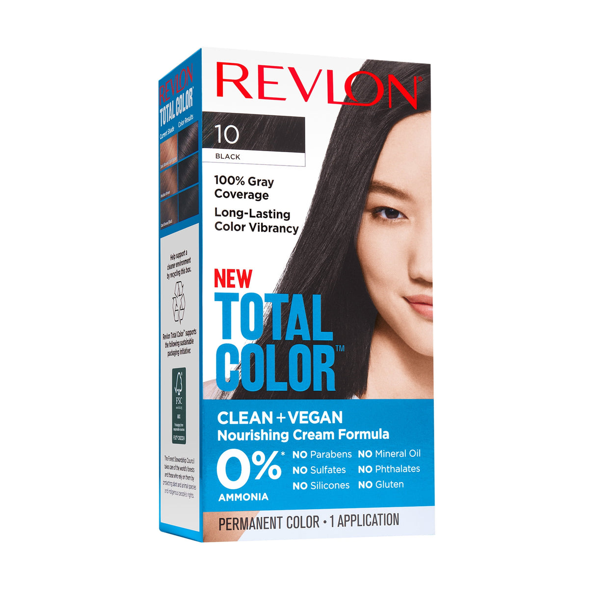 Revlon Total Color Permanent Hair Color, Clean and Vegan, 100% Gray Coverage Hair Dye, 10 Black, 5.94 fl oz