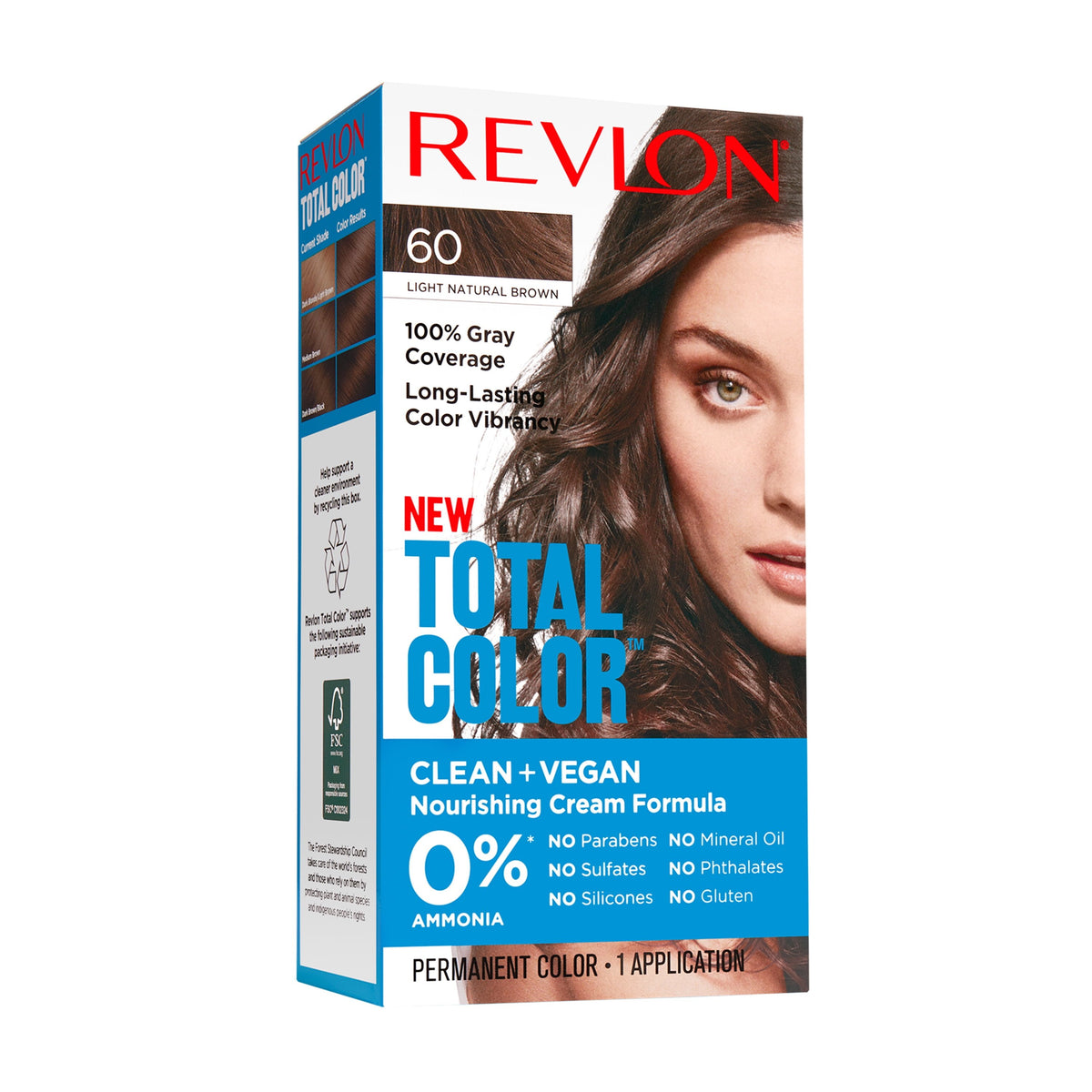 Revlon Total Color Hair Color, Clean and Vegan, 100% Gray Coverage Permanent Hair Dye - 60 Light Natural Brown