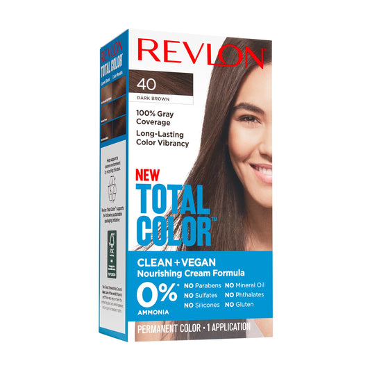 Revlon Total Color Permanent Hair Color, Clean and Vegan, 100% Gray Coverage Hair Dye, 40 Dark Brown, 5.94 fl oz
